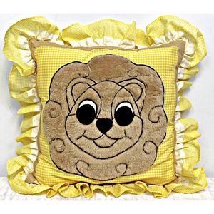 Vtg 70's 80's Hand Made Plaid Yellow Pillow Lion Face Brown Faux Fur Ruffle Trim
